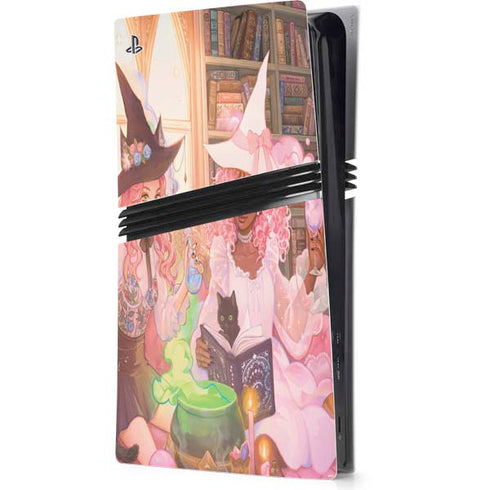 Pink Anime Witch Girls in Library with Cats by Ivy Dolamore PS5 Pro Console Skin